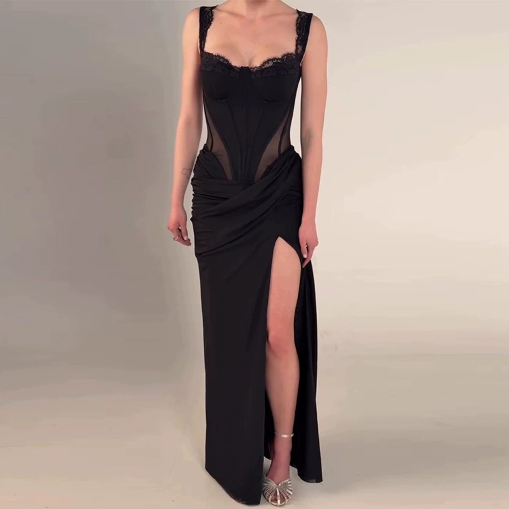 Forever 21 Elegant Black Lace Trim Bodycon Maxi Dress with Side Slit